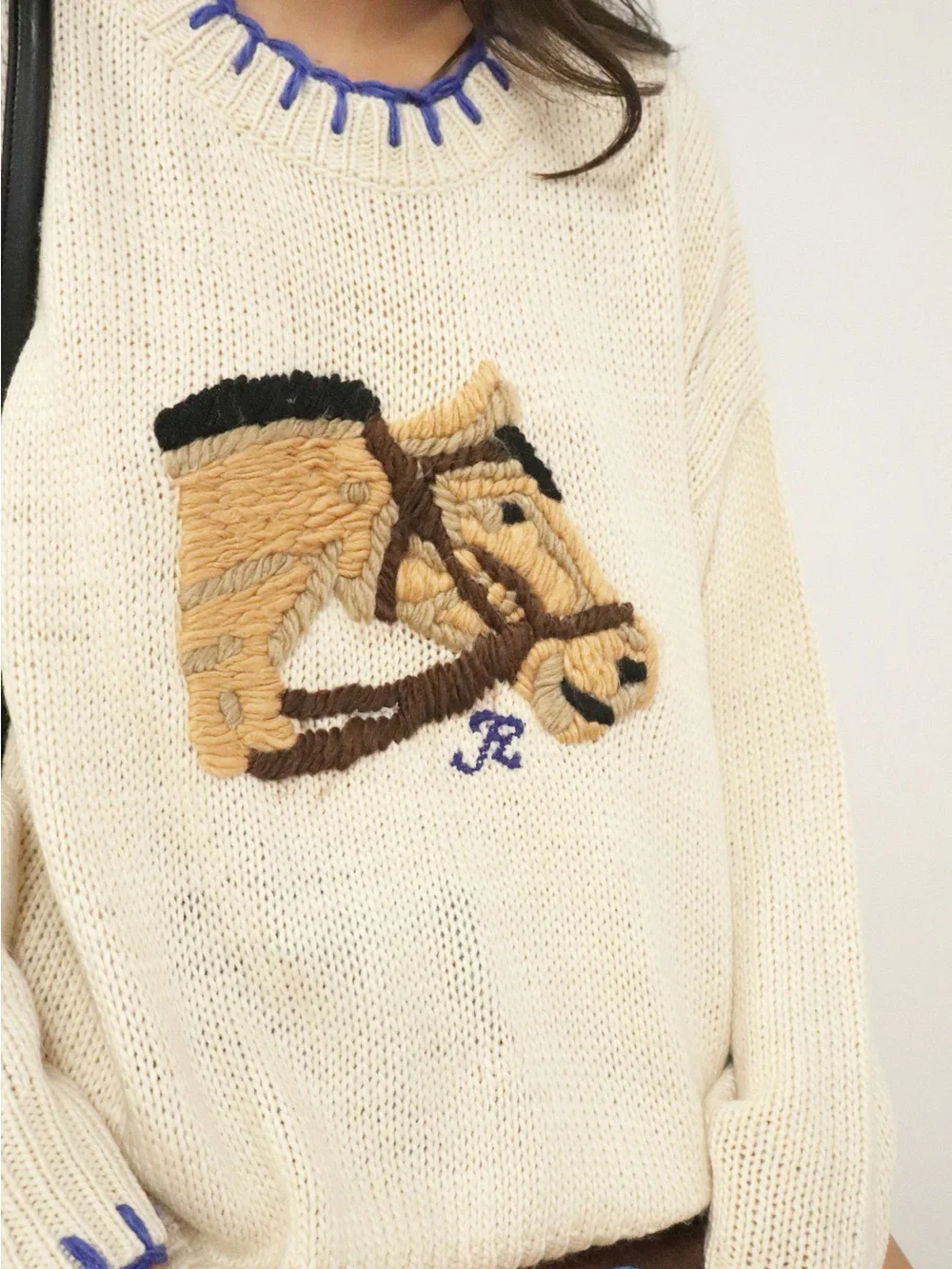 Bailey Rose Cream Knit Horse Stitching Sweater with Blue Trim S - Picture 2 of 3